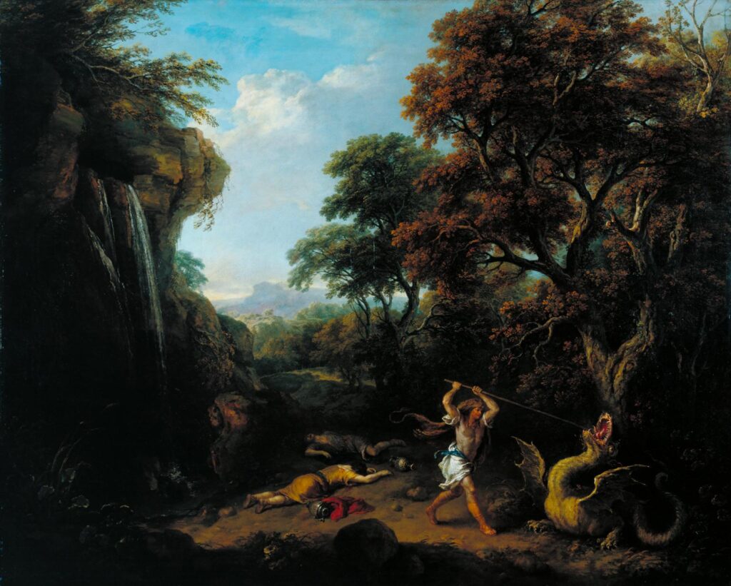A Landscape with the Story of Cadmus Killing the Dragon exhibited 1765 by Francesco Zuccarelli 1702-1788 Kadmos dood de draak. Schilderij